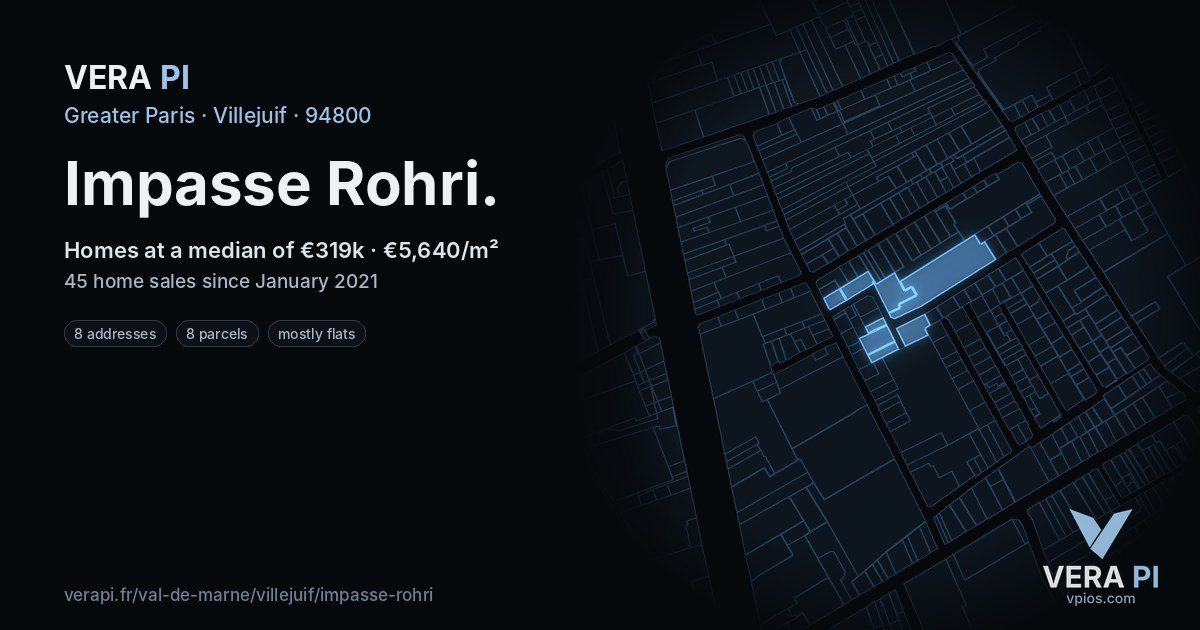 Impasse Rohri, Villejuif at night – every parcel coloured by the prices around it, the street's own parcels lit