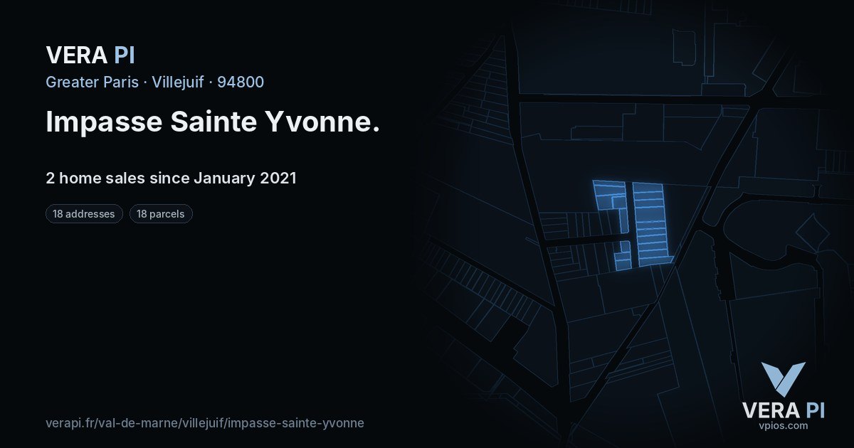 Impasse Sainte Yvonne, Villejuif at night – every parcel coloured by the prices around it, the street's own parcels lit