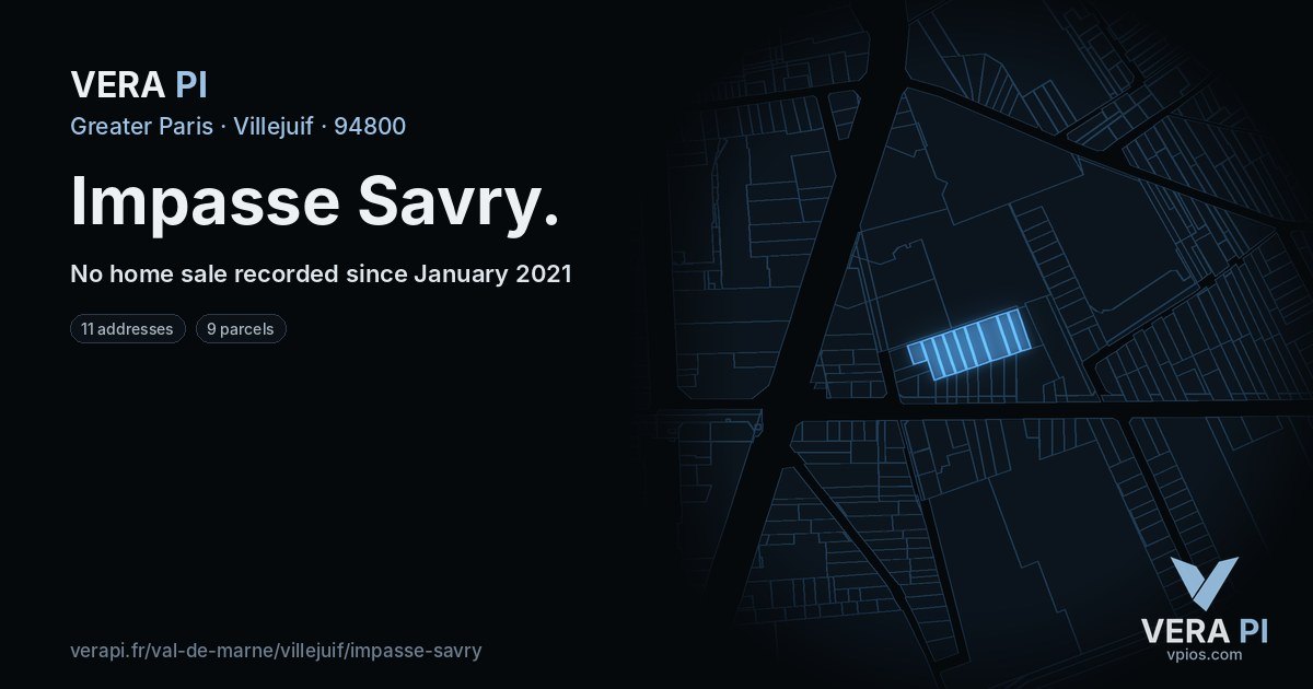 Impasse Savry, Villejuif at night – every parcel coloured by the prices around it, the street's own parcels lit