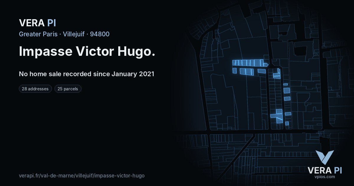 Impasse Victor Hugo, Villejuif at night – every parcel coloured by the prices around it, the street's own parcels lit