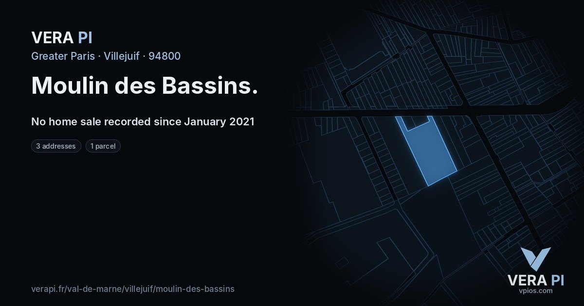 Moulin des Bassins, Villejuif at night – every parcel coloured by the prices around it, the street's own parcels lit