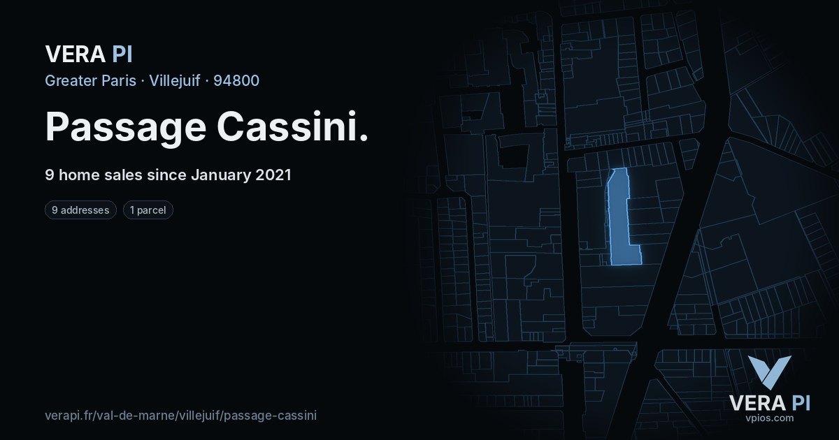 Passage Cassini, Villejuif at night – every parcel coloured by the prices around it, the street's own parcels lit