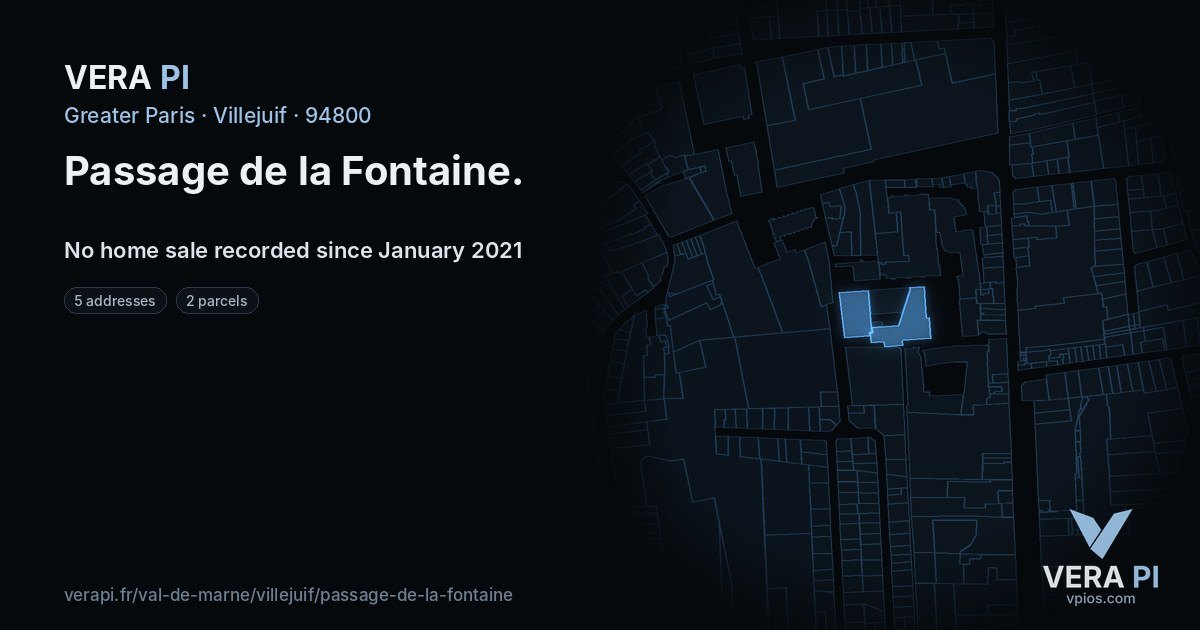 Passage de la Fontaine, Villejuif at night – every parcel coloured by the prices around it, the street's own parcels lit