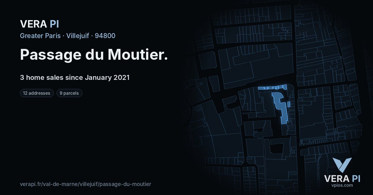 Passage du Moutier, Villejuif at night – every parcel coloured by the prices around it, the street's own parcels lit
