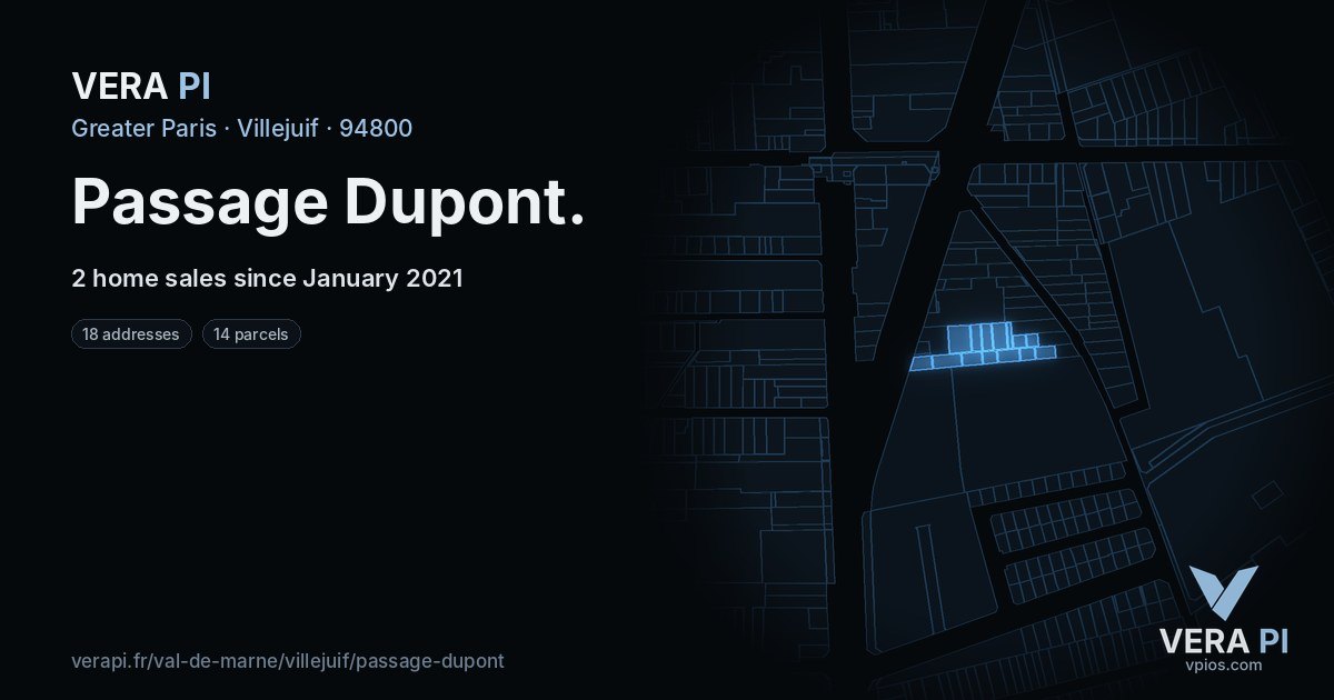 Passage Dupont, Villejuif at night – every parcel coloured by the prices around it, the street's own parcels lit