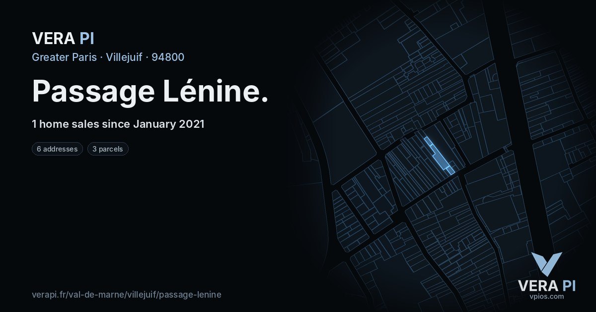 Passage Lénine, Villejuif at night – every parcel coloured by the prices around it, the street's own parcels lit