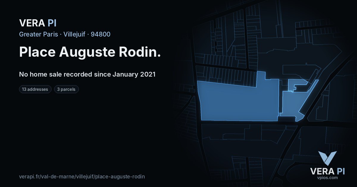 Place Auguste Rodin, Villejuif at night – every parcel coloured by the prices around it, the street's own parcels lit