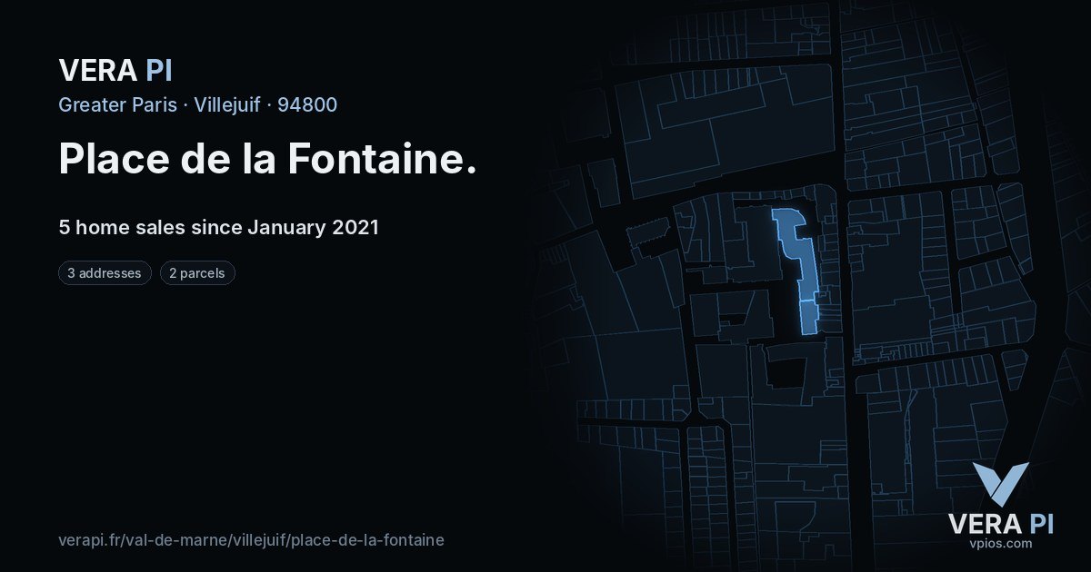 Place de la Fontaine, Villejuif at night – every parcel coloured by the prices around it, the street's own parcels lit