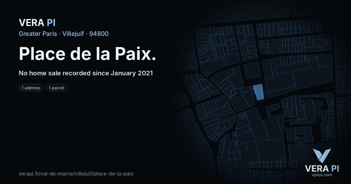 Place de la Paix, Villejuif at night – every parcel coloured by the prices around it, the street's own parcels lit