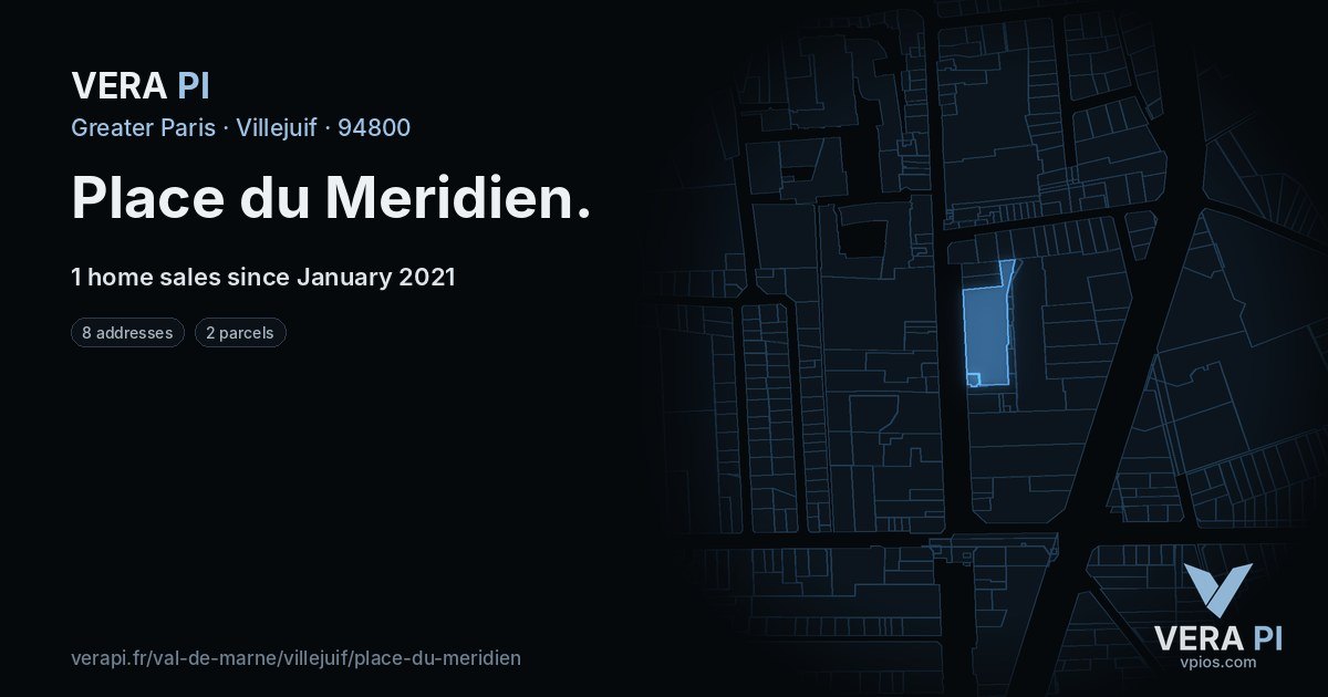 Place du Meridien, Villejuif at night – every parcel coloured by the prices around it, the street's own parcels lit