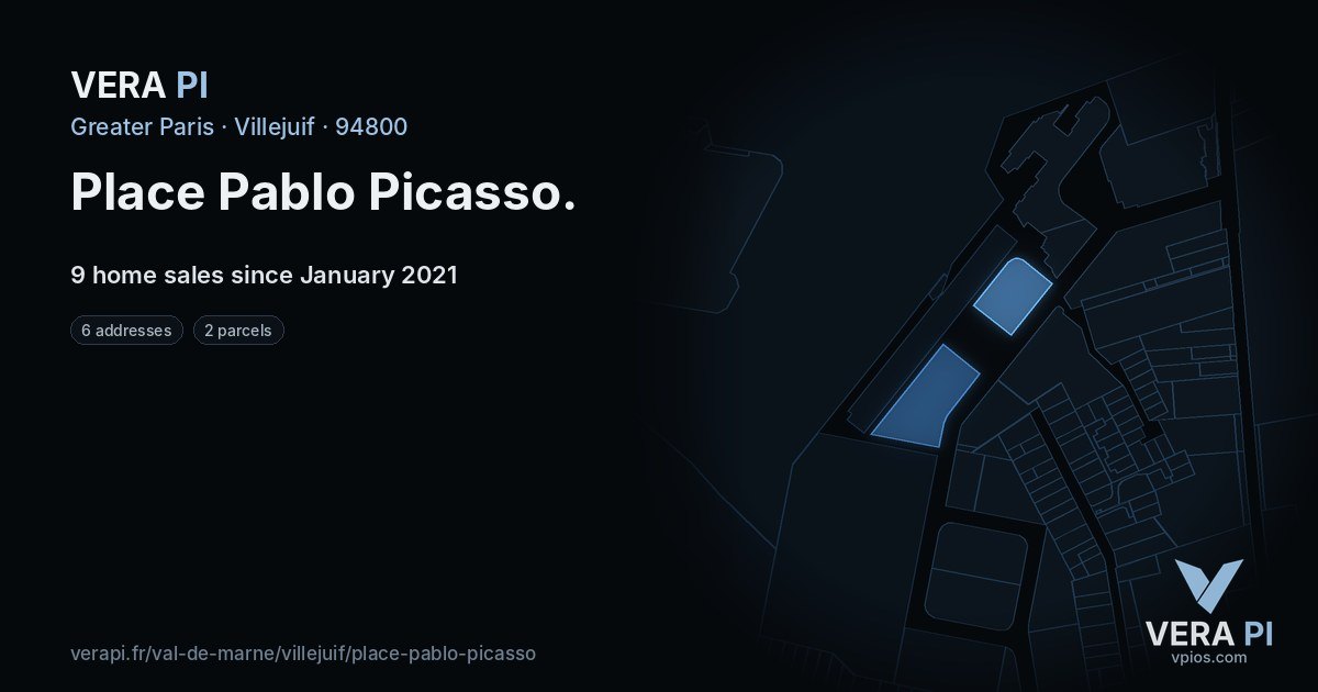 Place Pablo Picasso, Villejuif at night – every parcel coloured by the prices around it, the street's own parcels lit