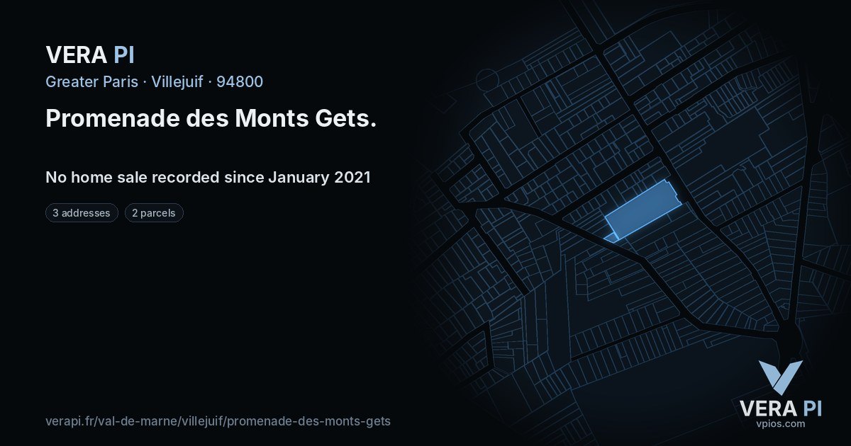 Promenade des Monts Gets, Villejuif at night – every parcel coloured by the prices around it, the street's own parcels lit