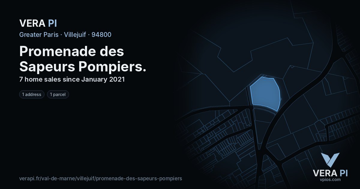 Promenade des Sapeurs Pompiers, Villejuif at night – every parcel coloured by the prices around it, the street's own parcels lit