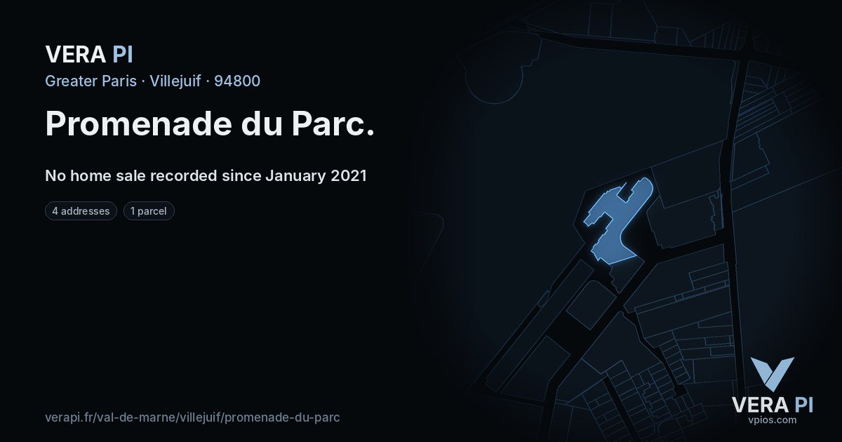Promenade du Parc, Villejuif at night – every parcel coloured by the prices around it, the street's own parcels lit
