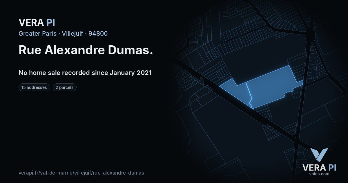 Rue Alexandre Dumas, Villejuif at night – every parcel coloured by the prices around it, the street's own parcels lit