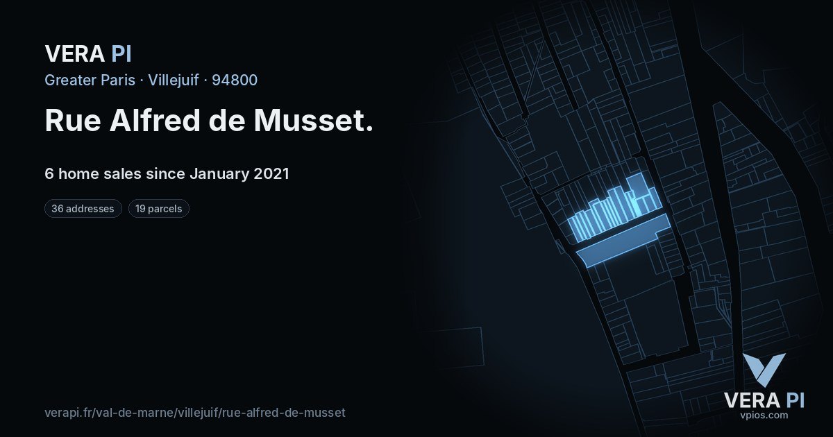 Rue Alfred de Musset, Villejuif at night – every parcel coloured by the prices around it, the street's own parcels lit