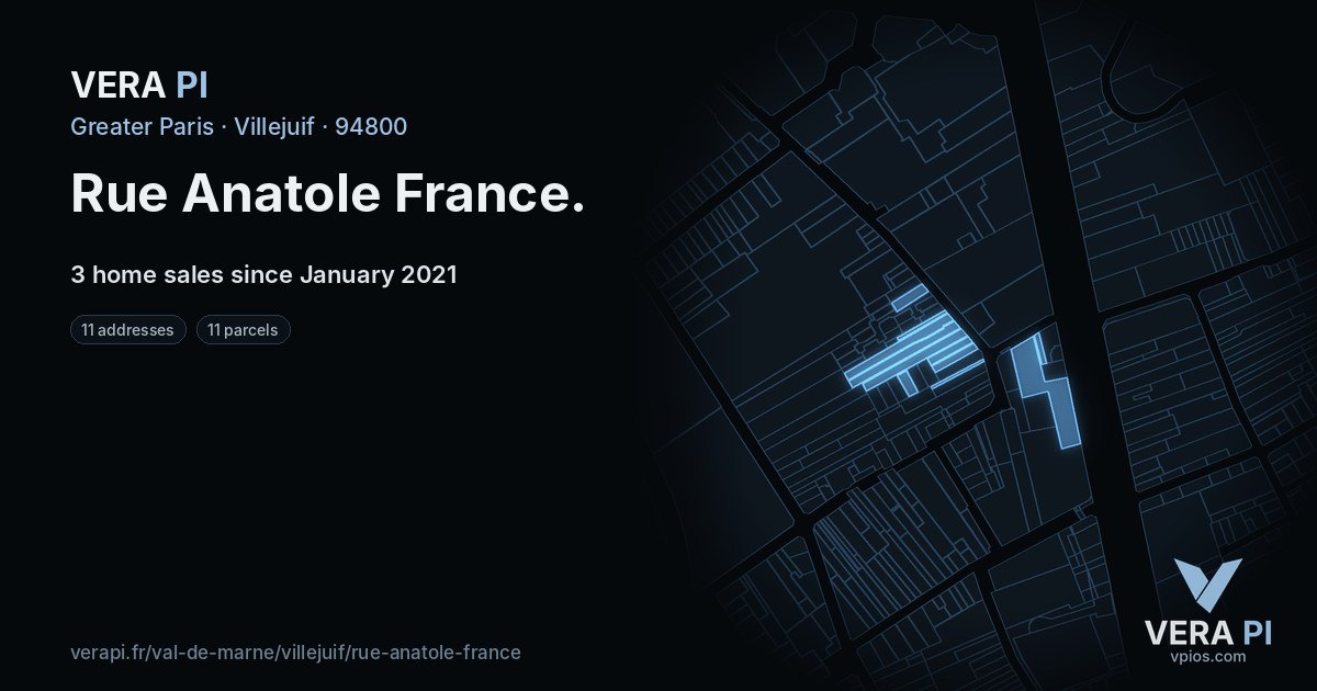 Rue Anatole France, Villejuif at night – every parcel coloured by the prices around it, the street's own parcels lit