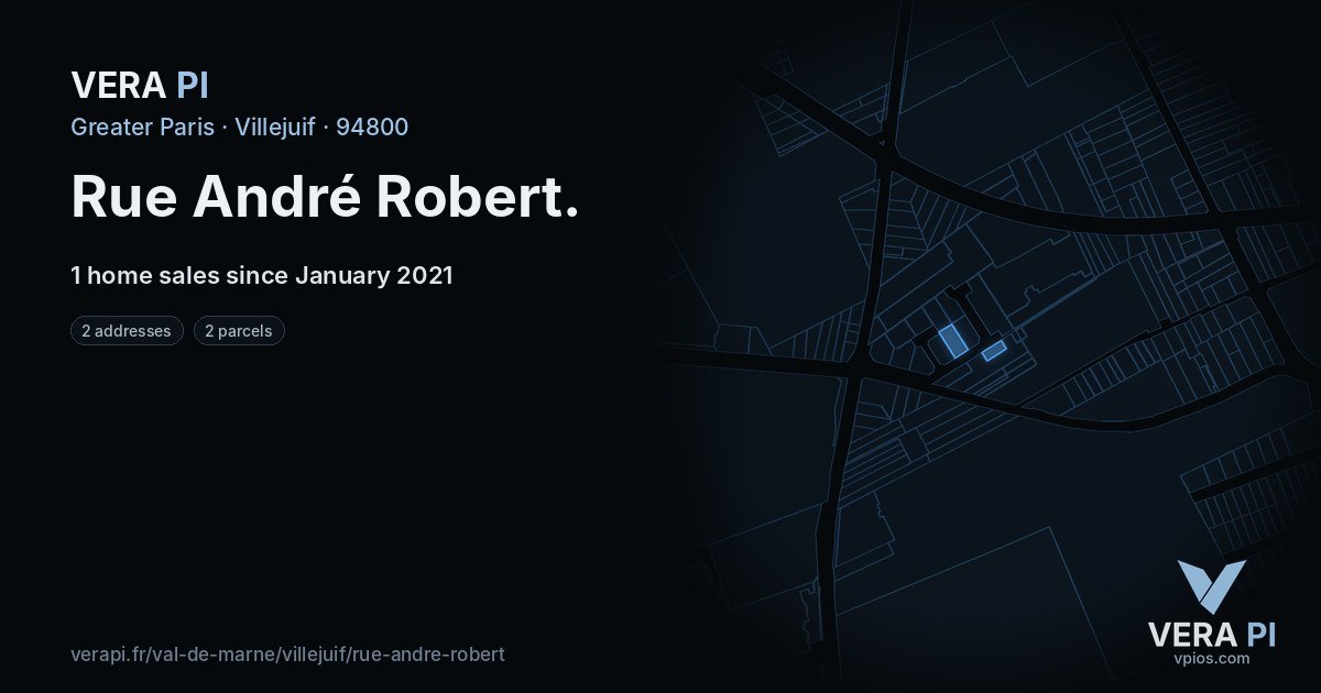 Rue André Robert, Villejuif at night – every parcel coloured by the prices around it, the street's own parcels lit