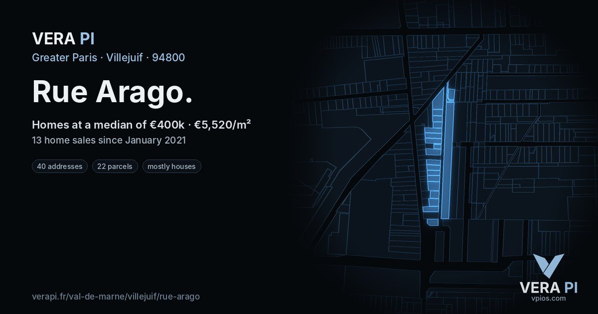 Rue Arago, Villejuif at night – every parcel coloured by the prices around it, the street's own parcels lit