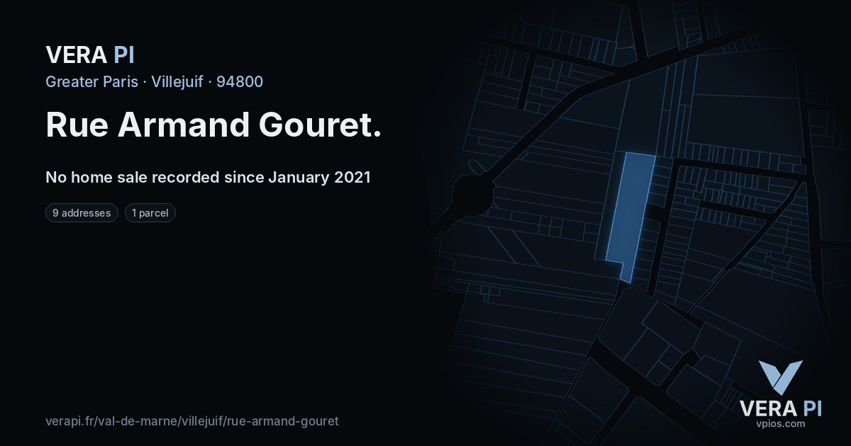 Rue Armand Gouret, Villejuif at night – every parcel coloured by the prices around it, the street's own parcels lit