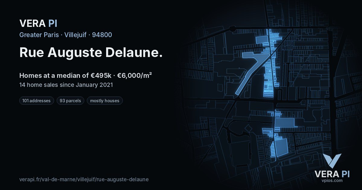 Rue Auguste Delaune, Villejuif at night – every parcel coloured by the prices around it, the street's own parcels lit