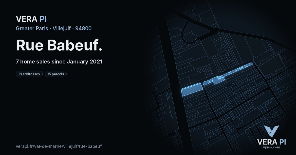 Rue Babeuf, Villejuif at night – every parcel coloured by the prices around it, the street's own parcels lit