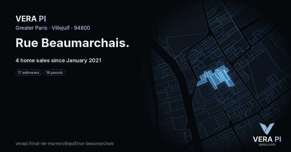 Rue Beaumarchais, Villejuif at night – every parcel coloured by the prices around it, the street's own parcels lit
