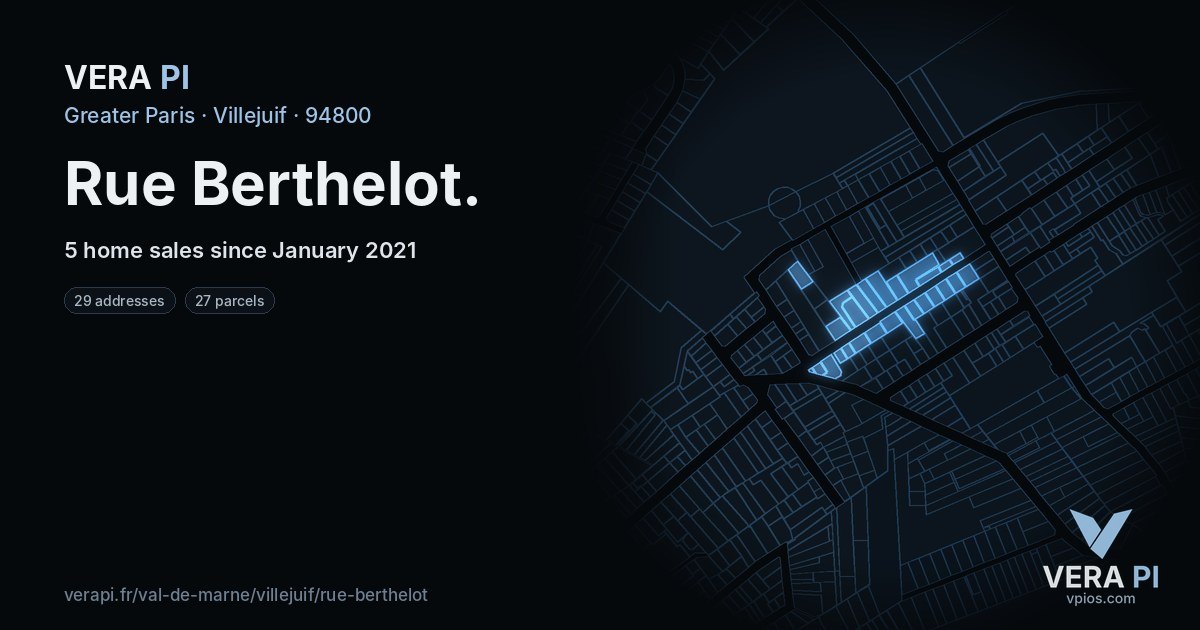 Rue Berthelot, Villejuif at night – every parcel coloured by the prices around it, the street's own parcels lit