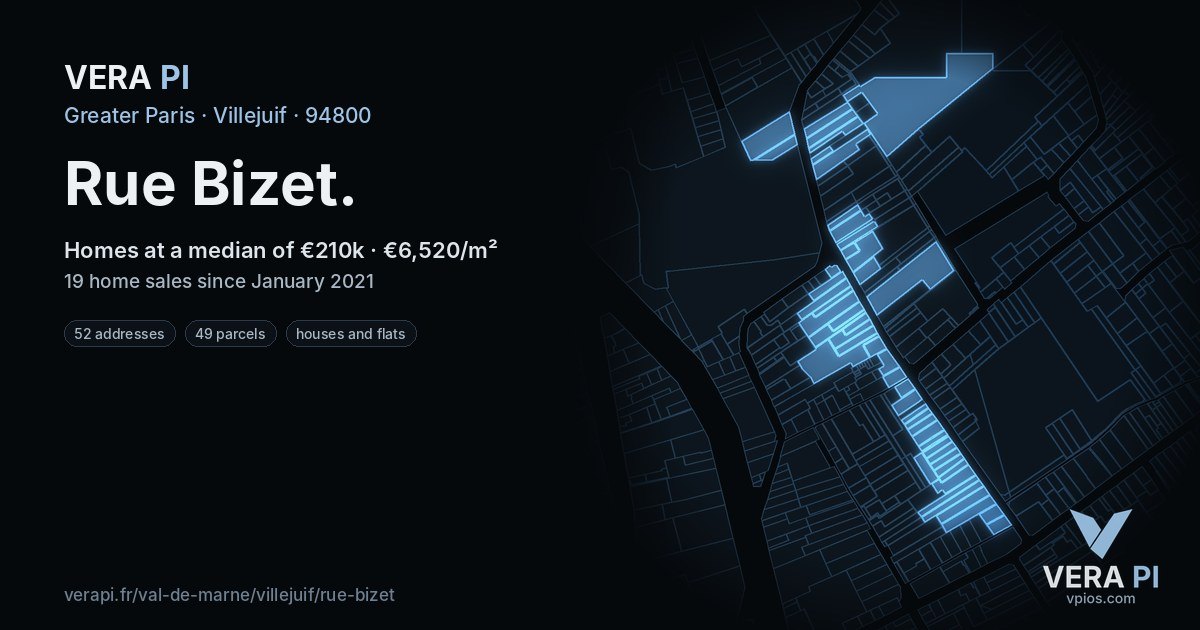 Rue Bizet, Villejuif at night – every parcel coloured by the prices around it, the street's own parcels lit
