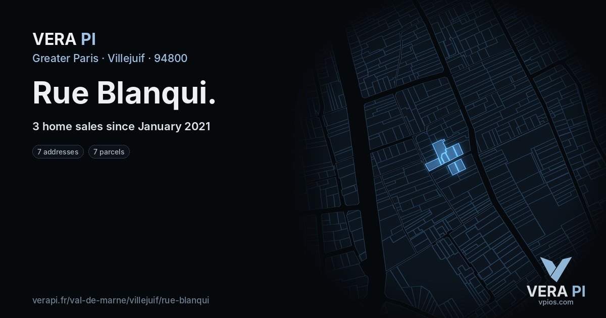 Rue Blanqui, Villejuif at night – every parcel coloured by the prices around it, the street's own parcels lit