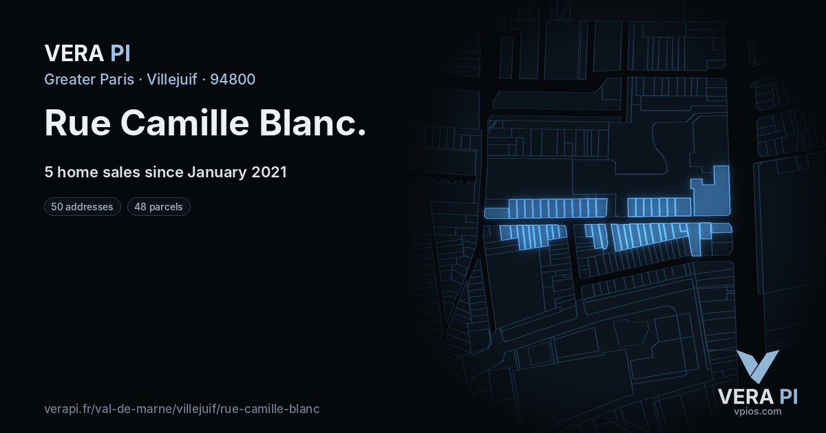 Rue Camille Blanc, Villejuif at night – every parcel coloured by the prices around it, the street's own parcels lit