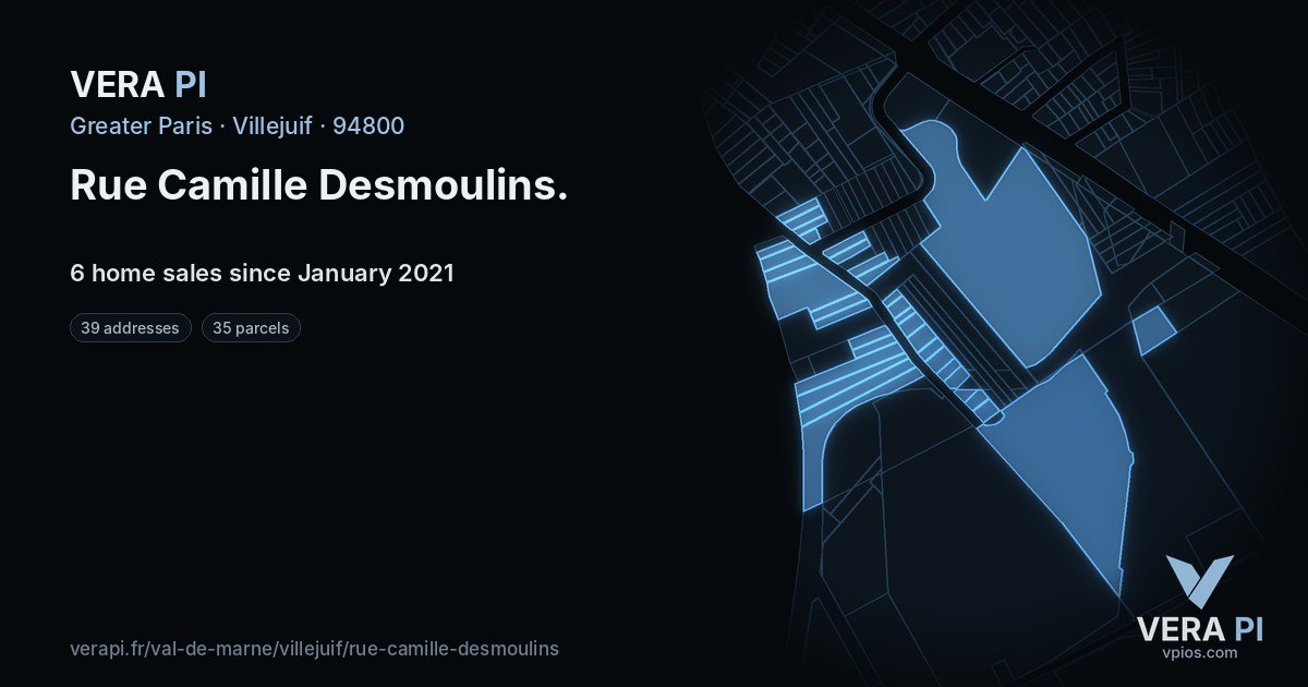 Rue Camille Desmoulins, Villejuif at night – every parcel coloured by the prices around it, the street's own parcels lit