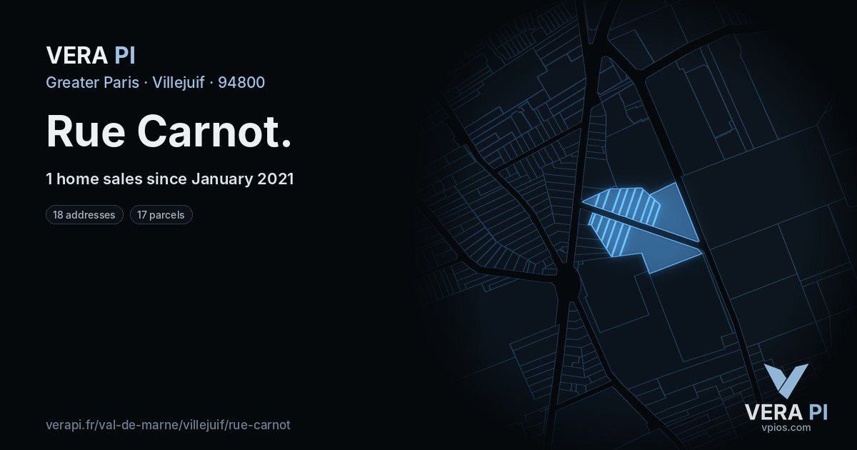 Rue Carnot, Villejuif at night – every parcel coloured by the prices around it, the street's own parcels lit