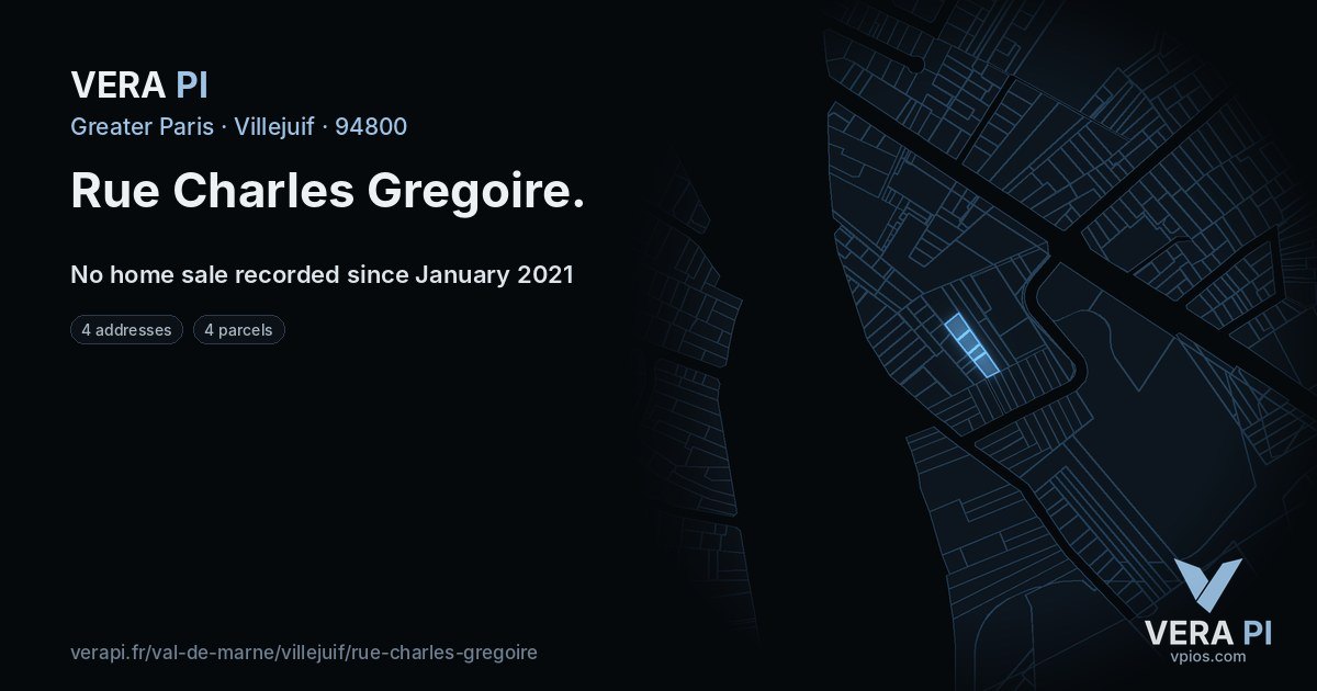 Rue Charles Gregoire, Villejuif at night – every parcel coloured by the prices around it, the street's own parcels lit