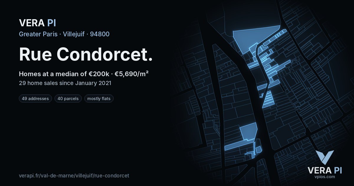 Rue Condorcet, Villejuif at night – every parcel coloured by the prices around it, the street's own parcels lit