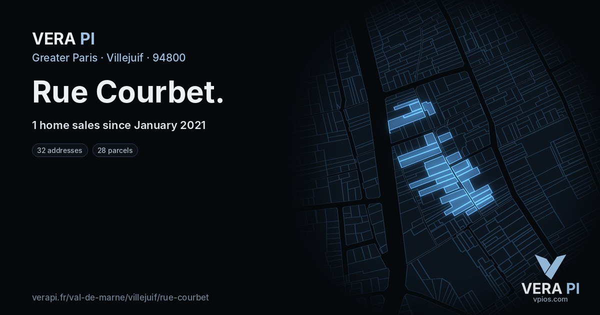 Rue Courbet, Villejuif at night – every parcel coloured by the prices around it, the street's own parcels lit