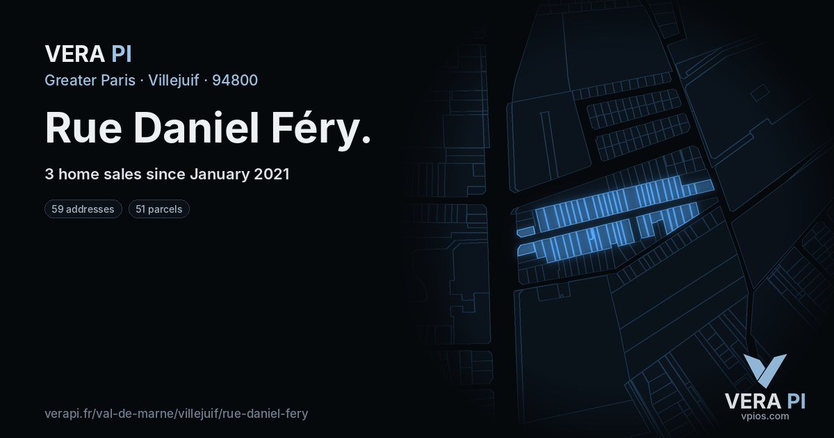 Rue Daniel Féry, Villejuif at night – every parcel coloured by the prices around it, the street's own parcels lit