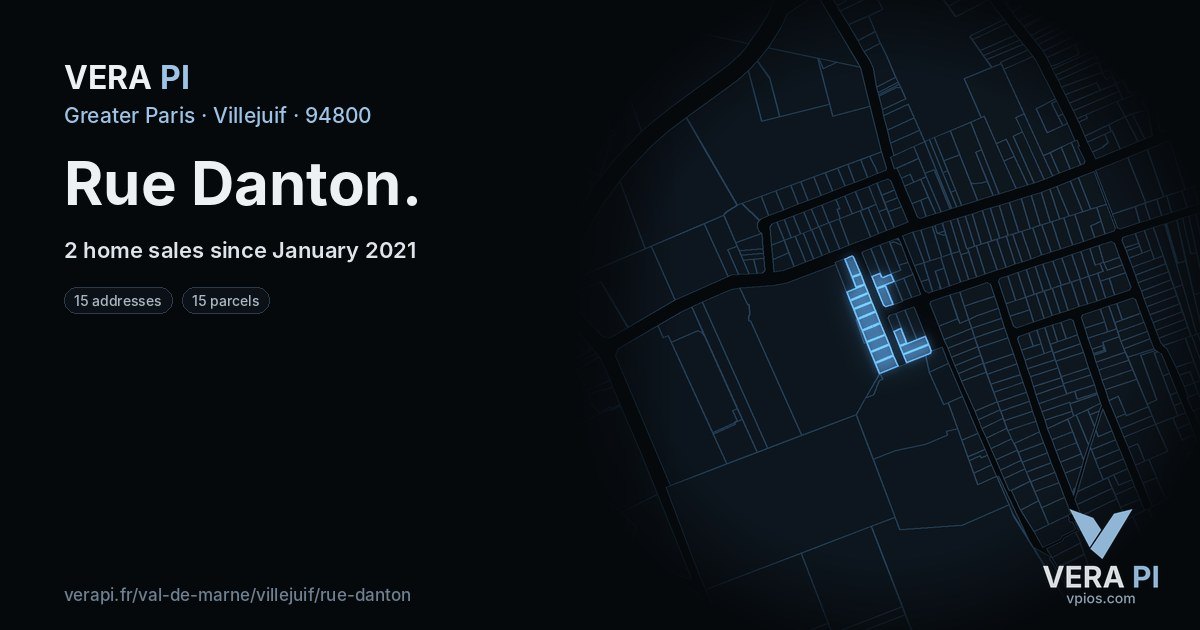Rue Danton, Villejuif at night – every parcel coloured by the prices around it, the street's own parcels lit