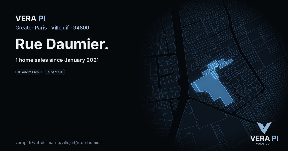 Rue Daumier, Villejuif at night – every parcel coloured by the prices around it, the street's own parcels lit