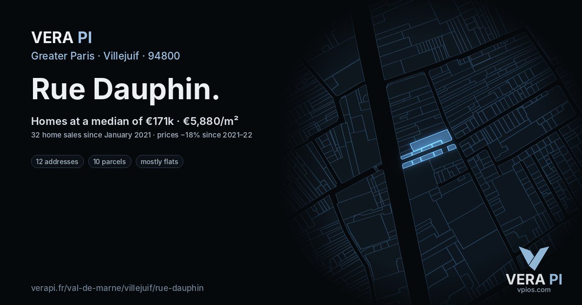 Rue Dauphin, Villejuif at night – every parcel coloured by the prices around it, the street's own parcels lit
