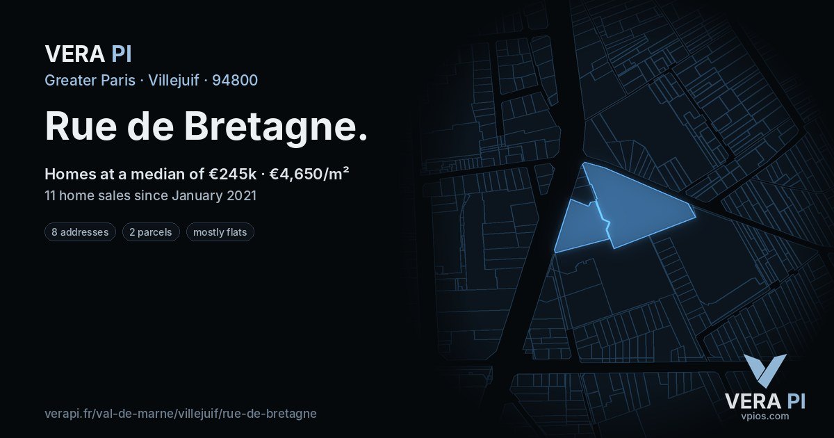 Rue de Bretagne, Villejuif at night – every parcel coloured by the prices around it, the street's own parcels lit