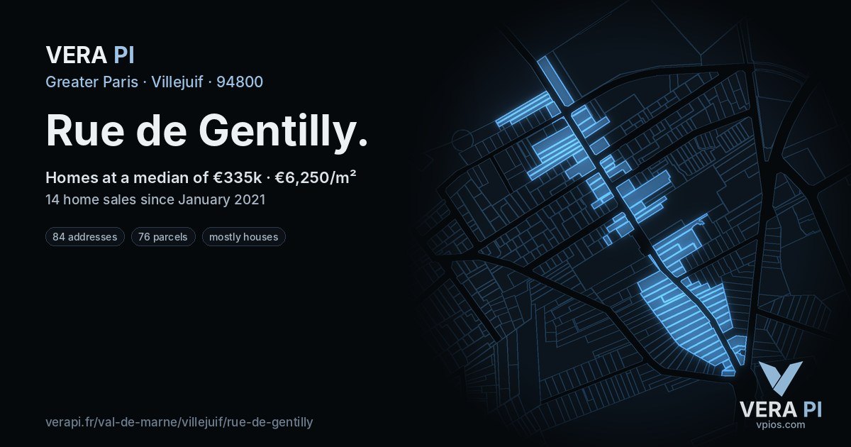 Rue de Gentilly, Villejuif at night – every parcel coloured by the prices around it, the street's own parcels lit