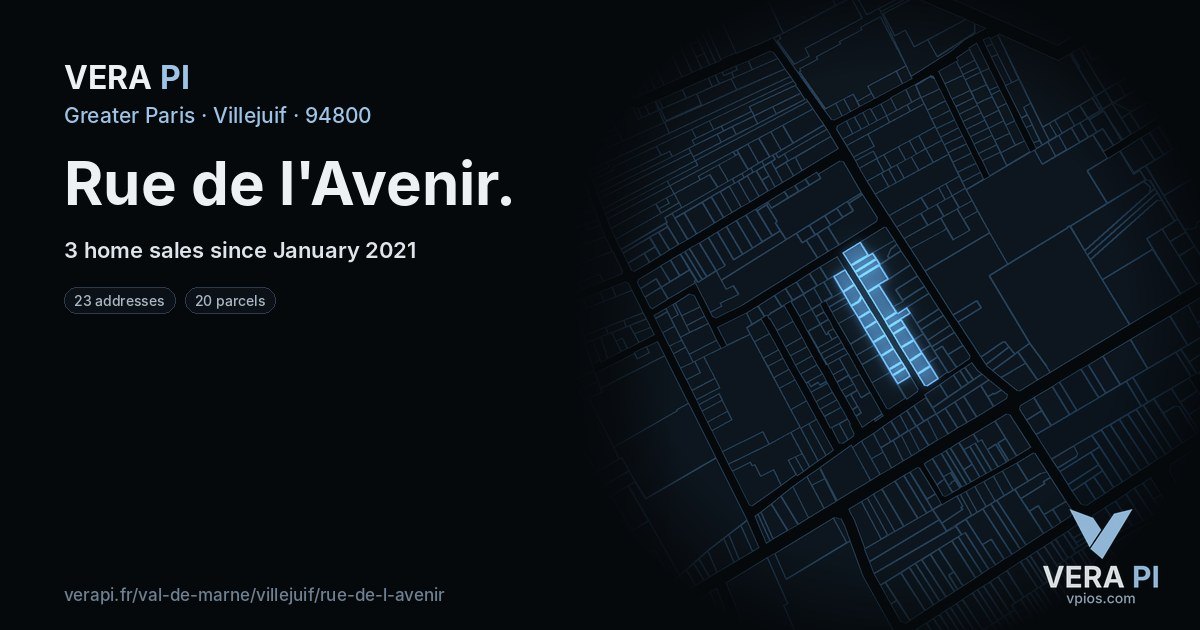 Rue de l'Avenir, Villejuif at night – every parcel coloured by the prices around it, the street's own parcels lit