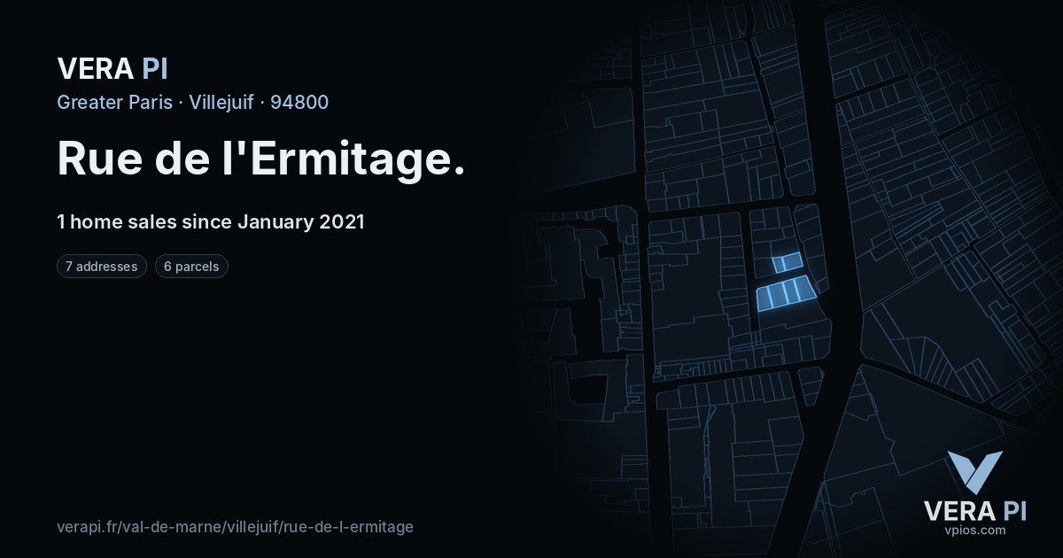 Rue de l'Ermitage, Villejuif at night – every parcel coloured by the prices around it, the street's own parcels lit