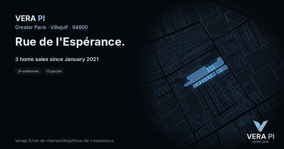 Rue de l'Espérance, Villejuif at night – every parcel coloured by the prices around it, the street's own parcels lit
