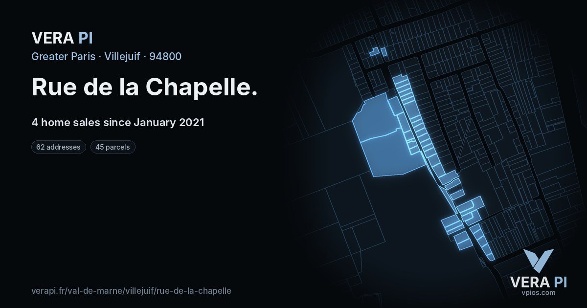 Rue de la Chapelle, Villejuif at night – every parcel coloured by the prices around it, the street's own parcels lit