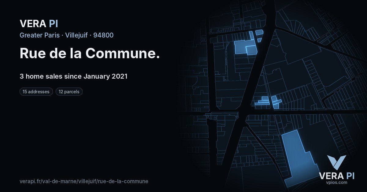 Rue de la Commune, Villejuif at night – every parcel coloured by the prices around it, the street's own parcels lit