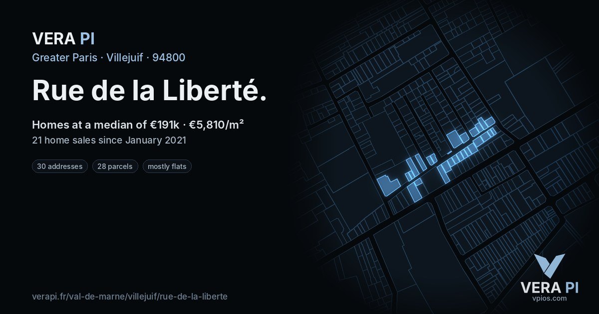 Rue de la Liberté, Villejuif at night – every parcel coloured by the prices around it, the street's own parcels lit