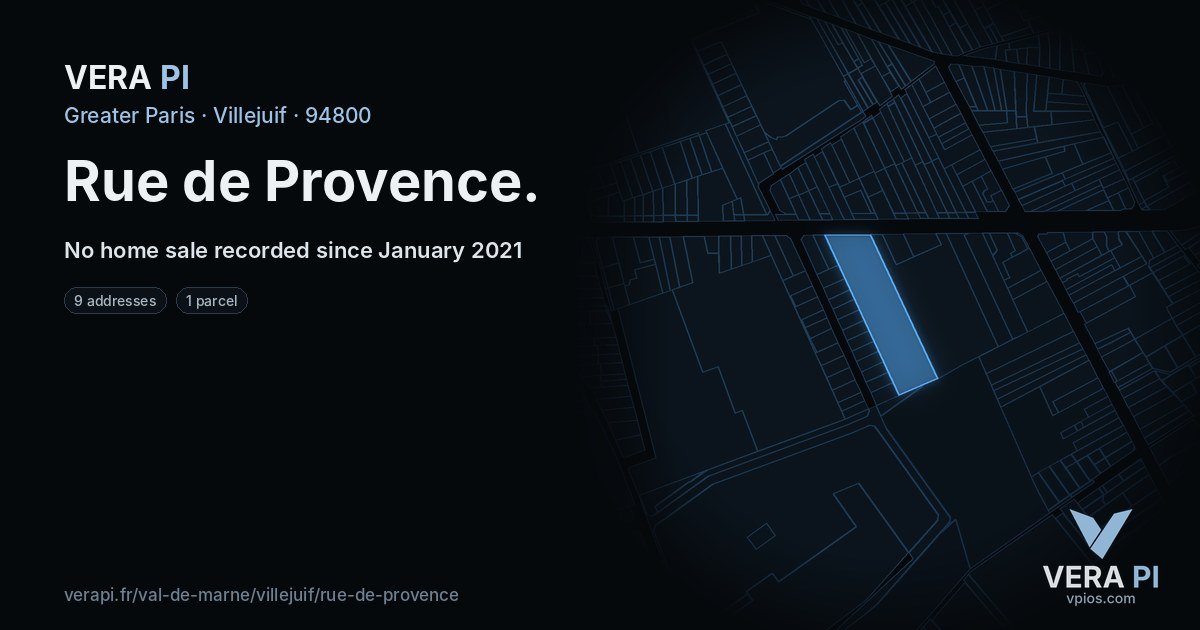 Rue de Provence, Villejuif at night – every parcel coloured by the prices around it, the street's own parcels lit