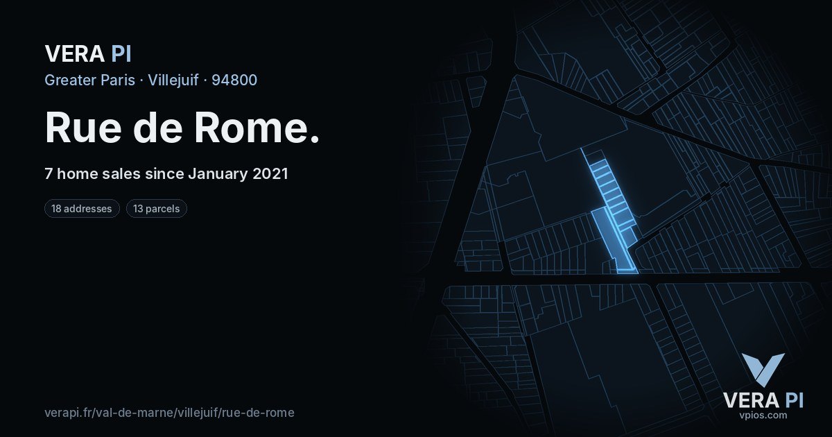 Rue de Rome, Villejuif at night – every parcel coloured by the prices around it, the street's own parcels lit